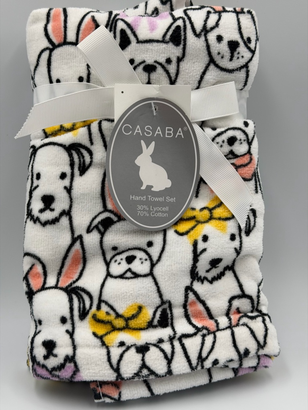 CASABA Dog & Bunny Printed Hand Towel Set - White with Yellow & Pink Accents